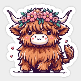 Kawaii scottish highland cow with flower crown Sticker